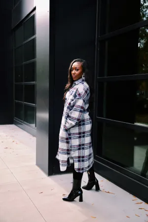 Check In | Plaid Wool Longline Coat | Grey