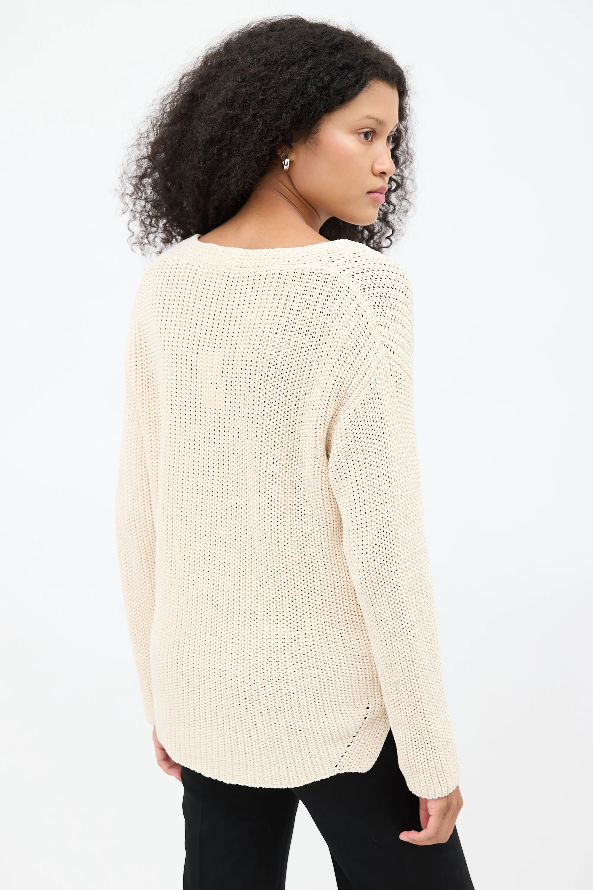Cream Knit V-Neck Sweater