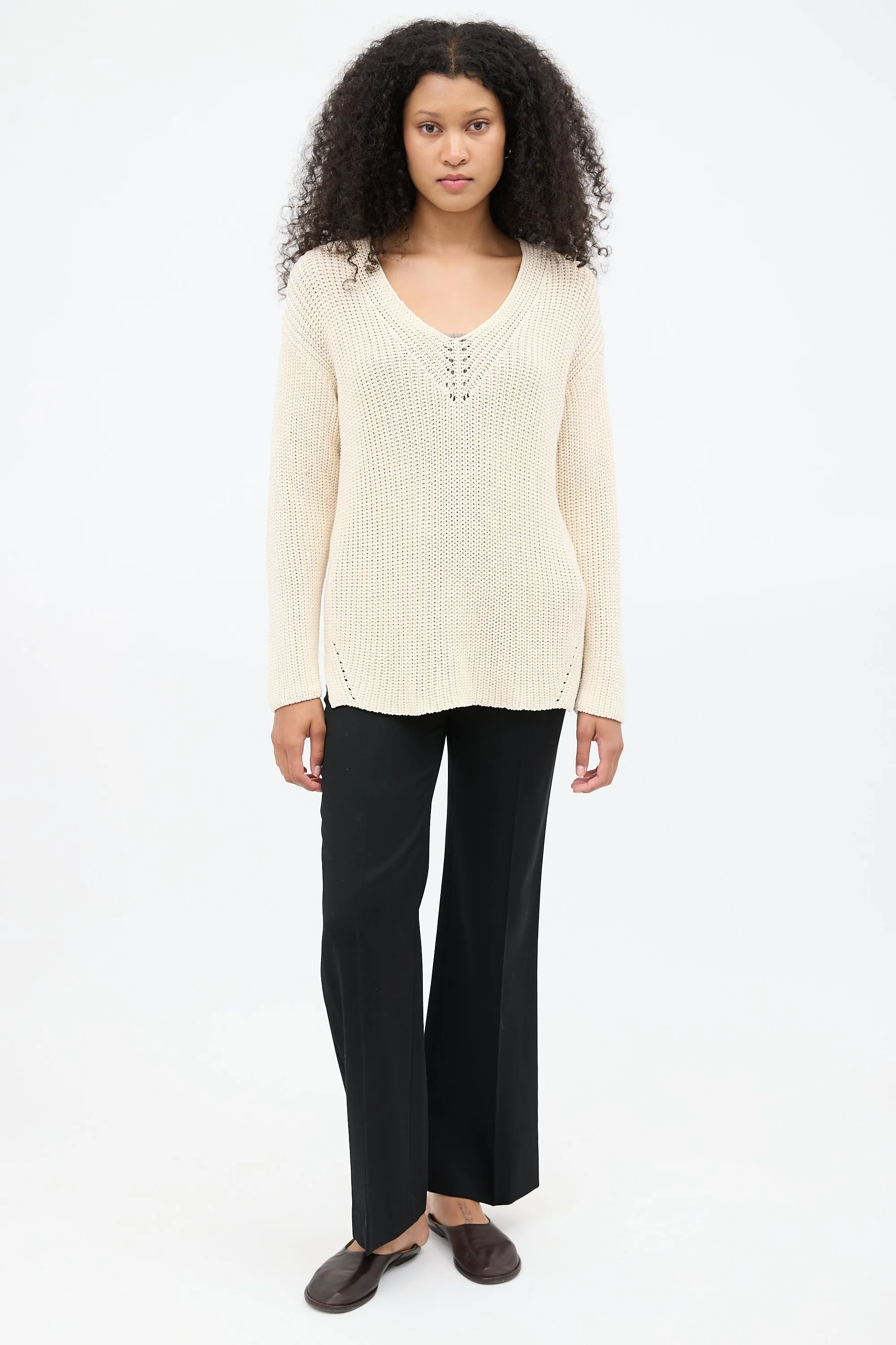 Cream Knit V-Neck Sweater