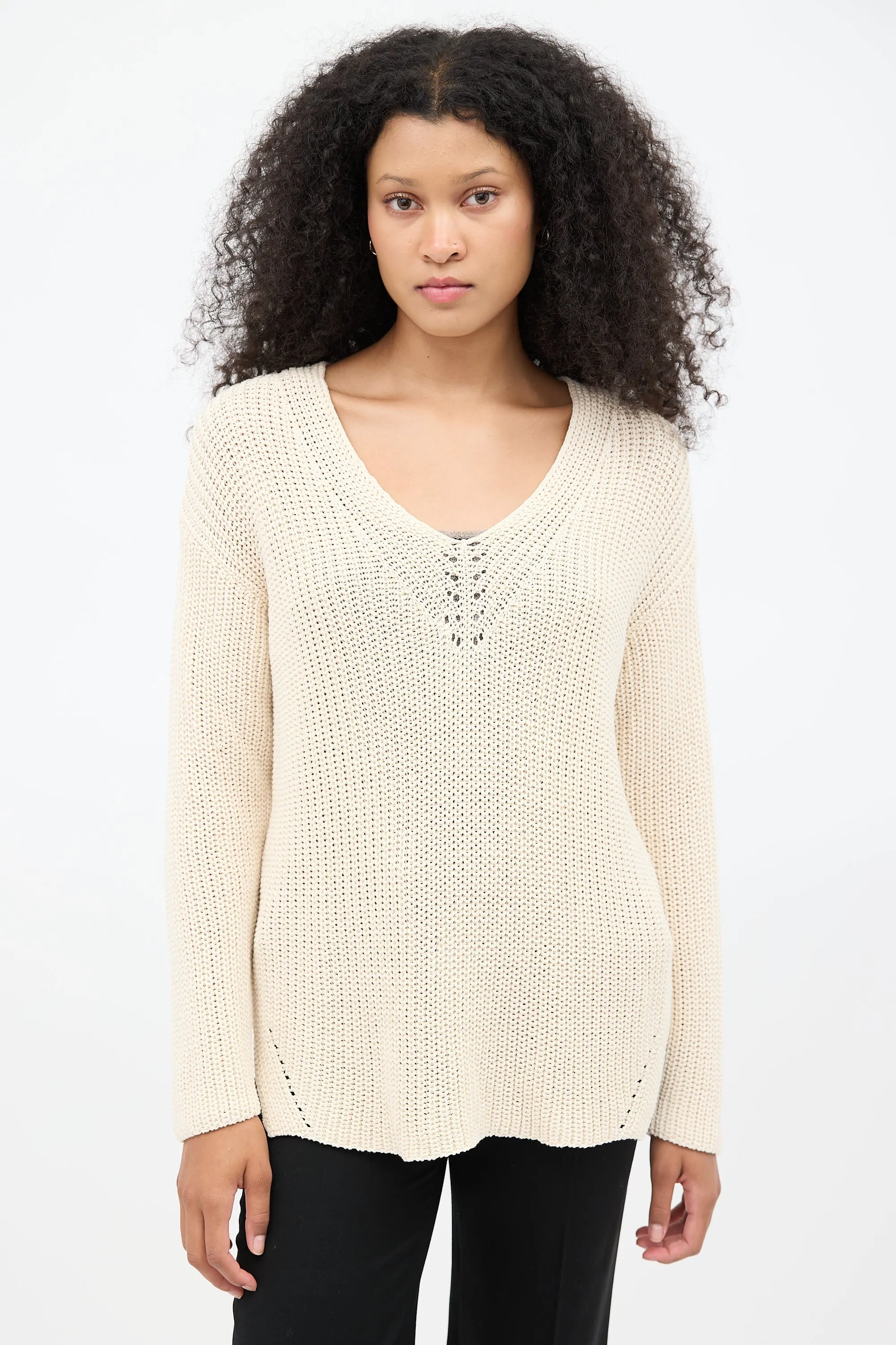 Cream Knit V-Neck Sweater