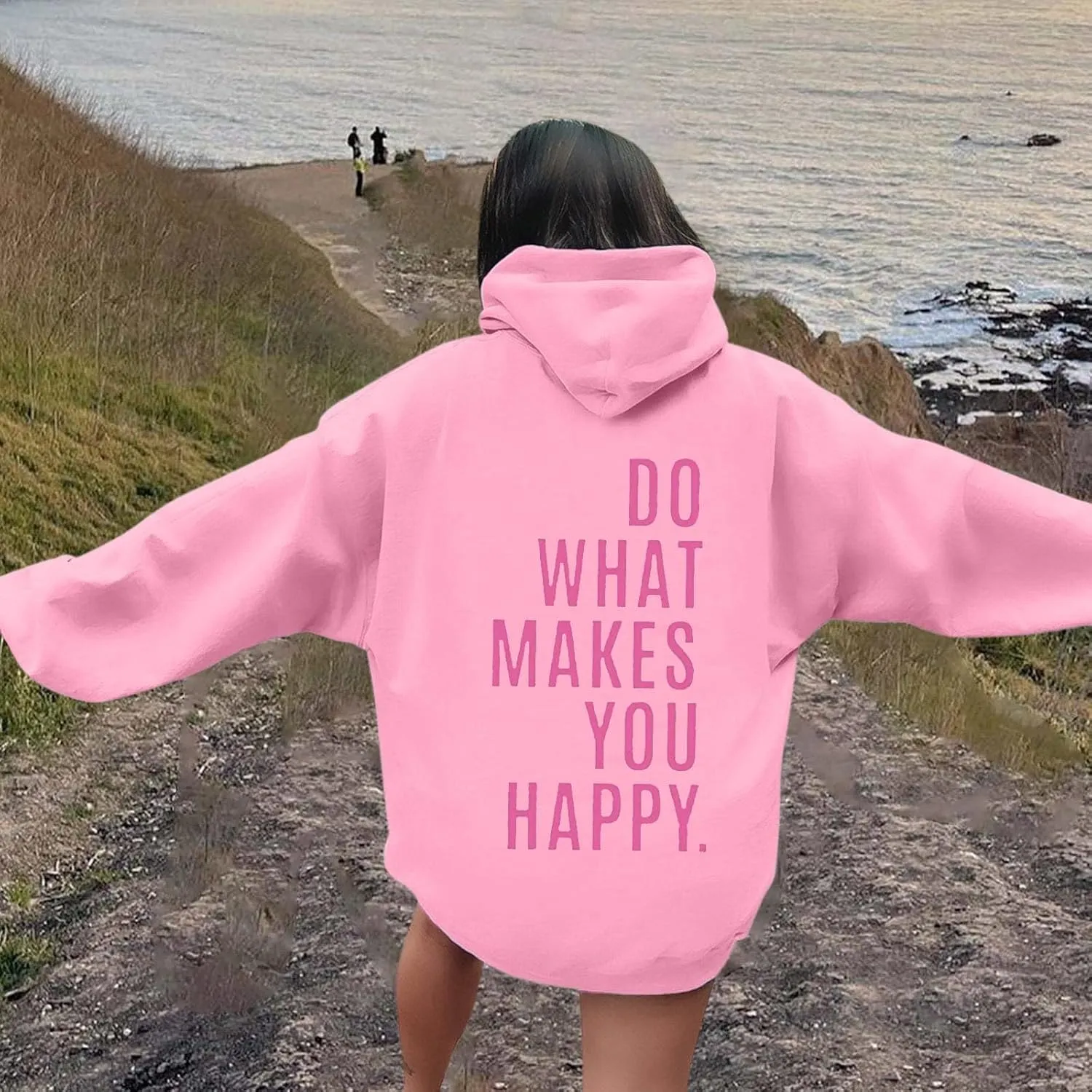 Do What Makes You Happy Print Sweatshirts Womens Oversized Hoodies Long Sleeve Pullover Tops Drawstring Pocket Outfits