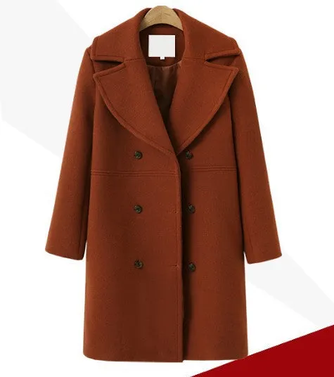 Elegant Lapel Thicken Coats Solid Color Long Sleeve Loose Double-Breasted Women Wholesale Coats