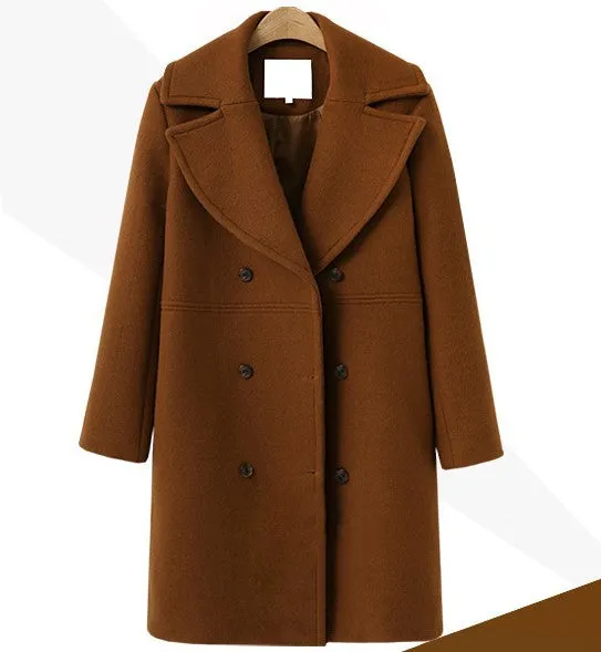Elegant Lapel Thicken Coats Solid Color Long Sleeve Loose Double-Breasted Women Wholesale Coats