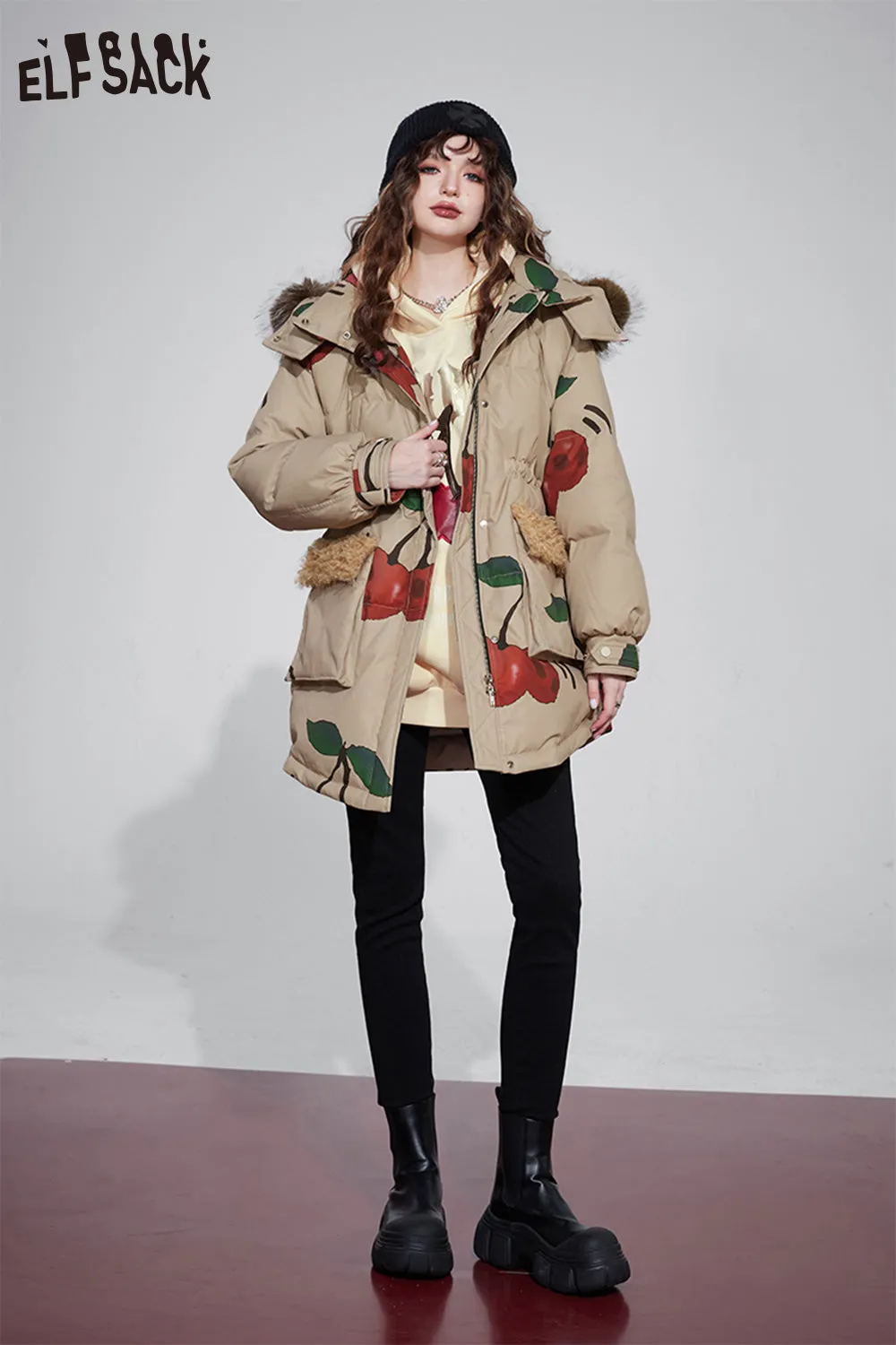 ELFSACK Graphic Cherry Korean Fashion Down Coats Women 2023 Winter New Designer Outwears