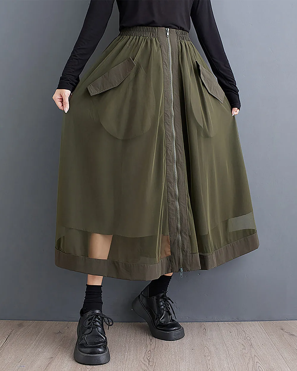 ellazhu Women's Skirt Wide Legs Elastic Waist Flowy Hem Sheer Zipper Two Side Pockets Loose Oversize Fall GZ248