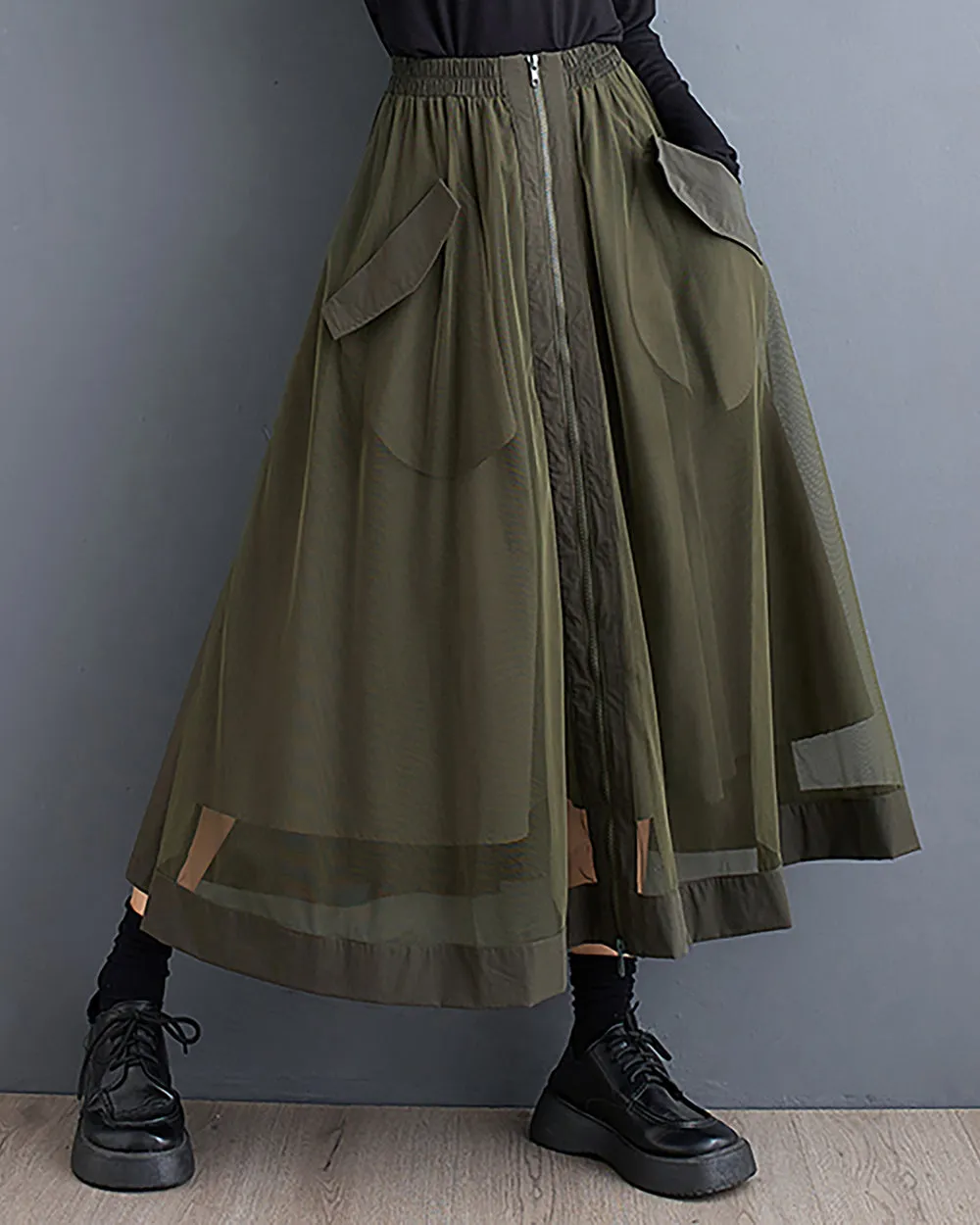ellazhu Women's Skirt Wide Legs Elastic Waist Flowy Hem Sheer Zipper Two Side Pockets Loose Oversize Fall GZ248