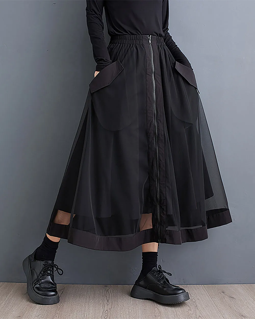 ellazhu Women's Skirt Wide Legs Elastic Waist Flowy Hem Sheer Zipper Two Side Pockets Loose Oversize Fall GZ248