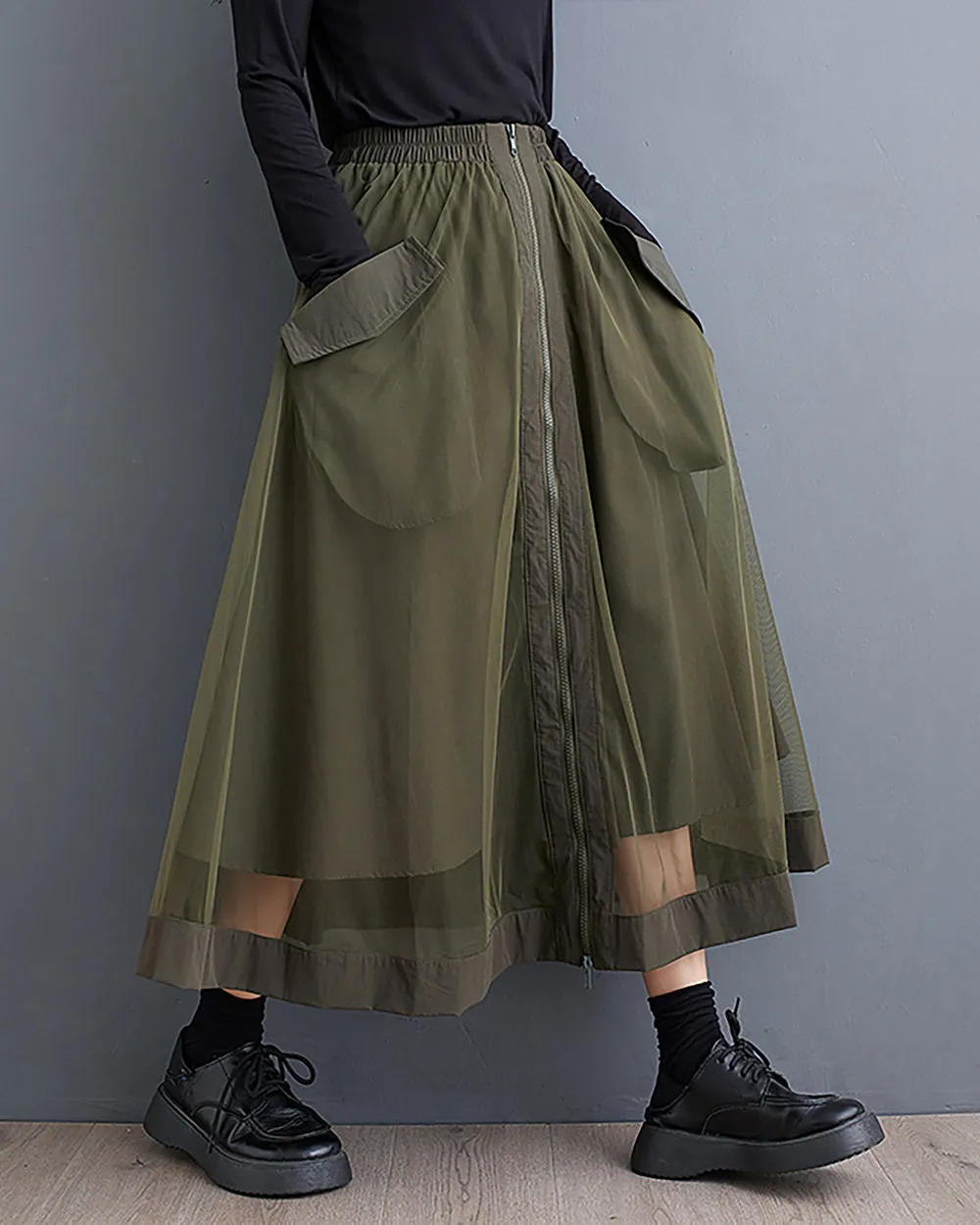 ellazhu Women's Skirt Wide Legs Elastic Waist Flowy Hem Sheer Zipper Two Side Pockets Loose Oversize Fall GZ248