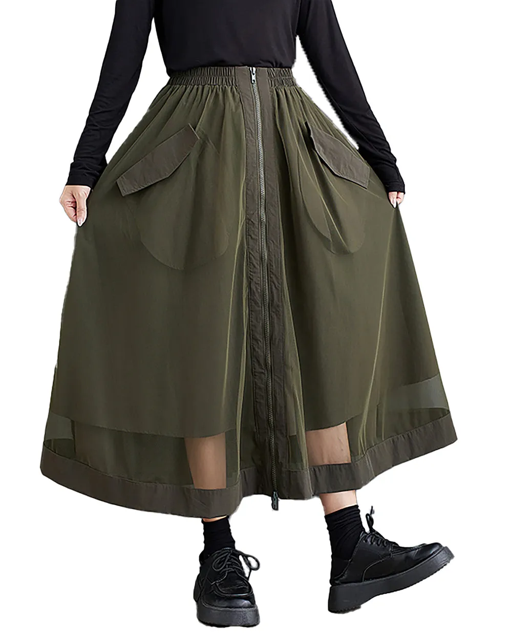 ellazhu Women's Skirt Wide Legs Elastic Waist Flowy Hem Sheer Zipper Two Side Pockets Loose Oversize Fall GZ248