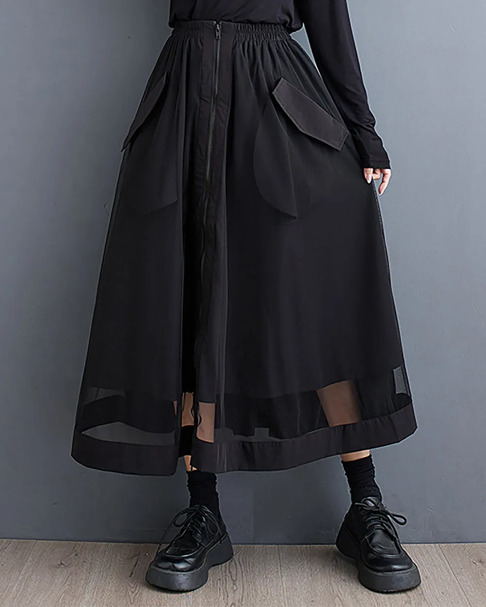 ellazhu Women's Skirt Wide Legs Elastic Waist Flowy Hem Sheer Zipper Two Side Pockets Loose Oversize Fall GZ248