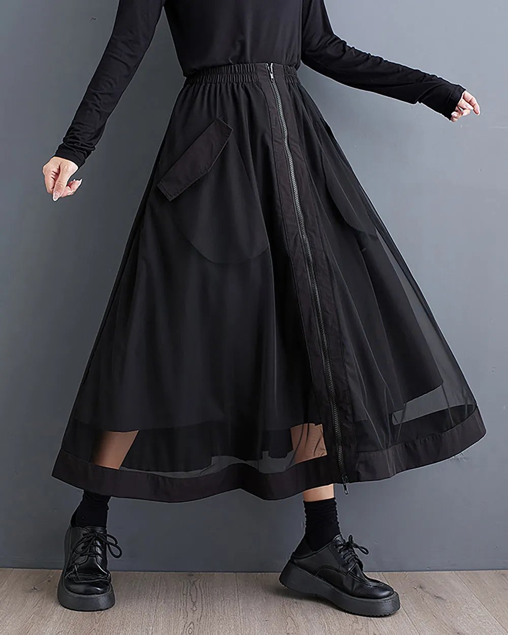 ellazhu Women's Skirt Wide Legs Elastic Waist Flowy Hem Sheer Zipper Two Side Pockets Loose Oversize Fall GZ248