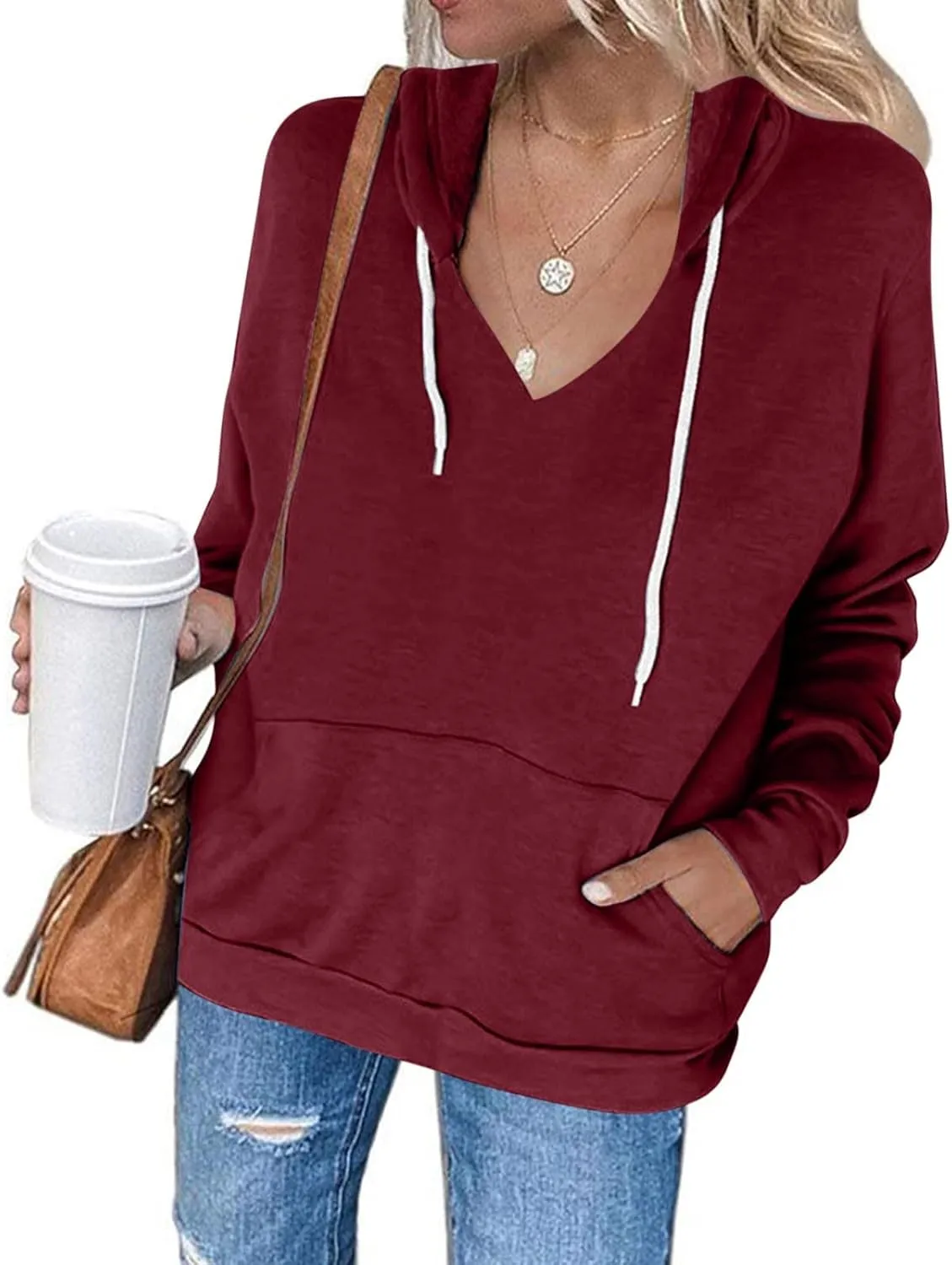 Fashion Hooded Tops for Women Oversized Hoodies Sweatshirts V Neck Long Sleeve Pullover Shirts Loose Fit Sweater