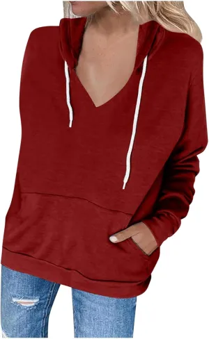 Fashion Hooded Tops for Women Oversized Hoodies Sweatshirts V Neck Long Sleeve Pullover Shirts Loose Fit Sweater