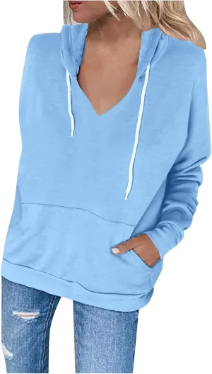 Fashion Hooded Tops for Women Oversized Hoodies Sweatshirts V Neck Long Sleeve Pullover Shirts Loose Fit Sweater