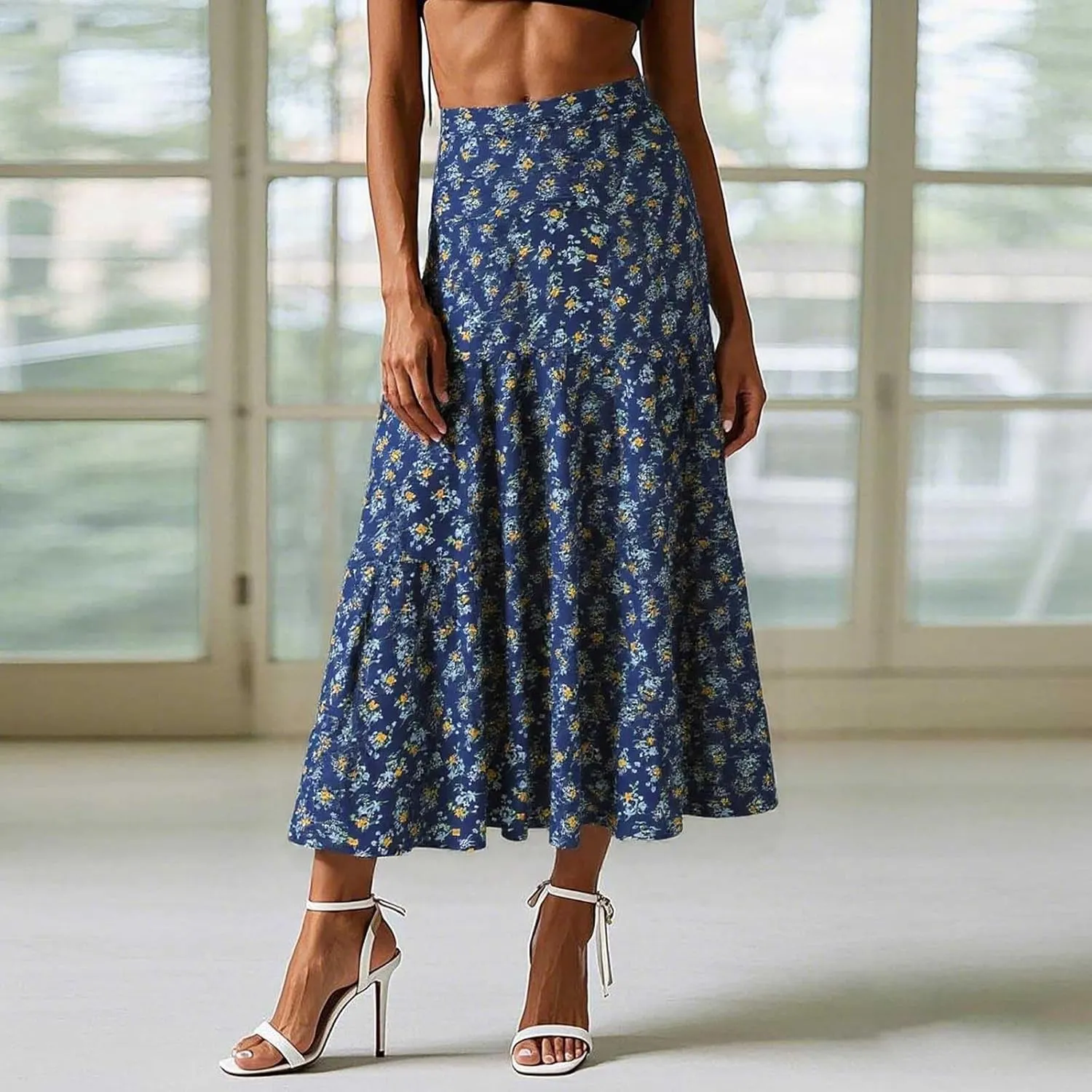 Floral Maxi Skirts for Women Flowy Boho Pleated A-Line Summer Beach Elastic Waist Splicing Swing Long Skirts