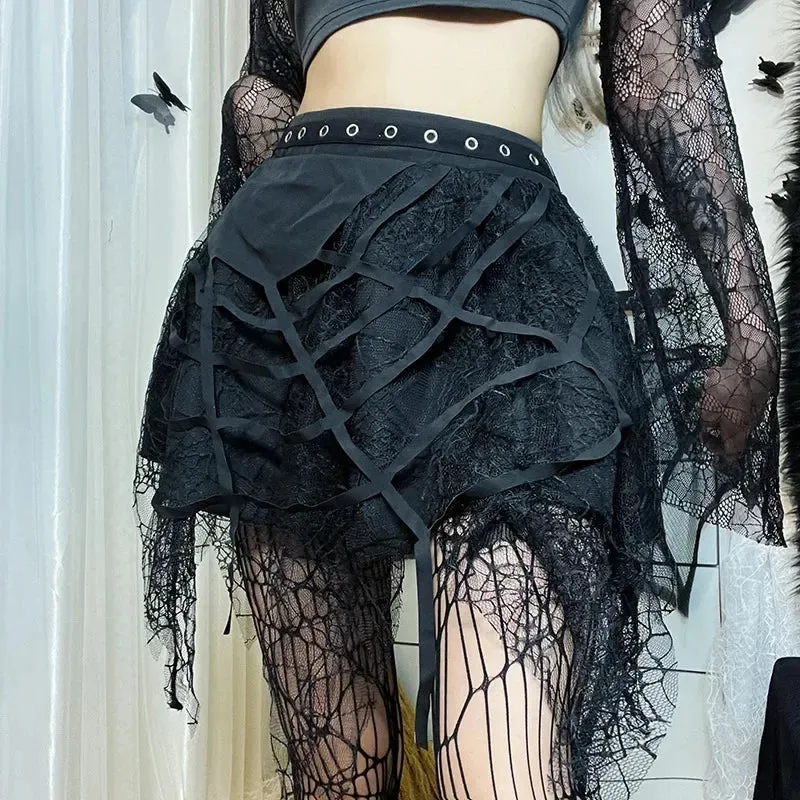 Gothic Mini Y2K Harajuku Web Patchwork Lace Tassel Dark Academy Street Woman With Belt Fairy Grunge Skirt