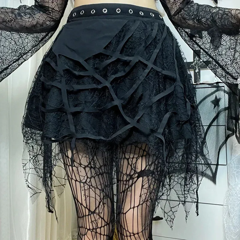 Gothic Mini Y2K Harajuku Web Patchwork Lace Tassel Dark Academy Street Woman With Belt Fairy Grunge Skirt