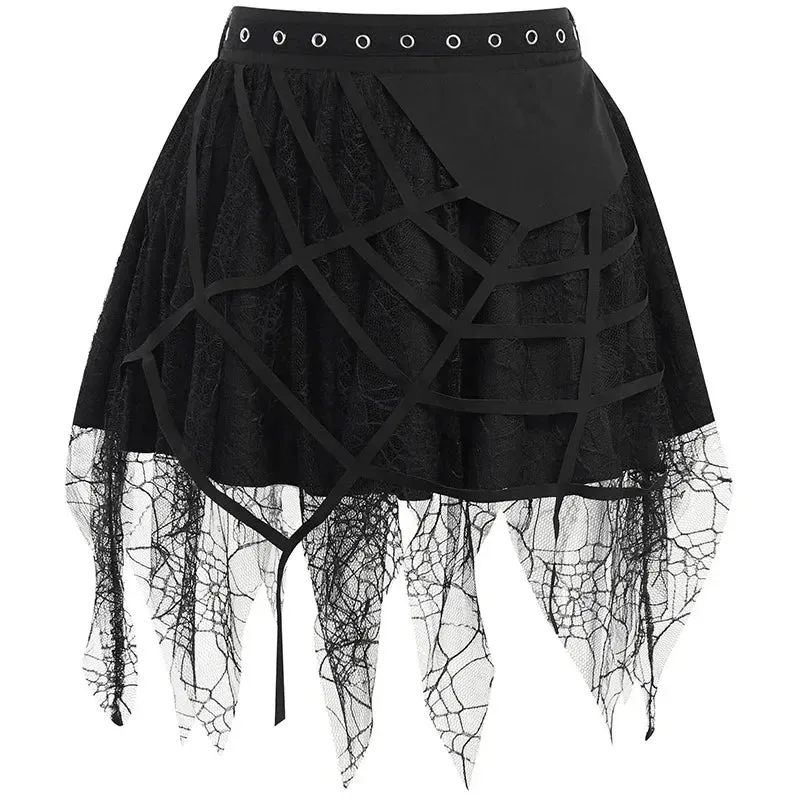 Gothic Mini Y2K Harajuku Web Patchwork Lace Tassel Dark Academy Street Woman With Belt Fairy Grunge Skirt