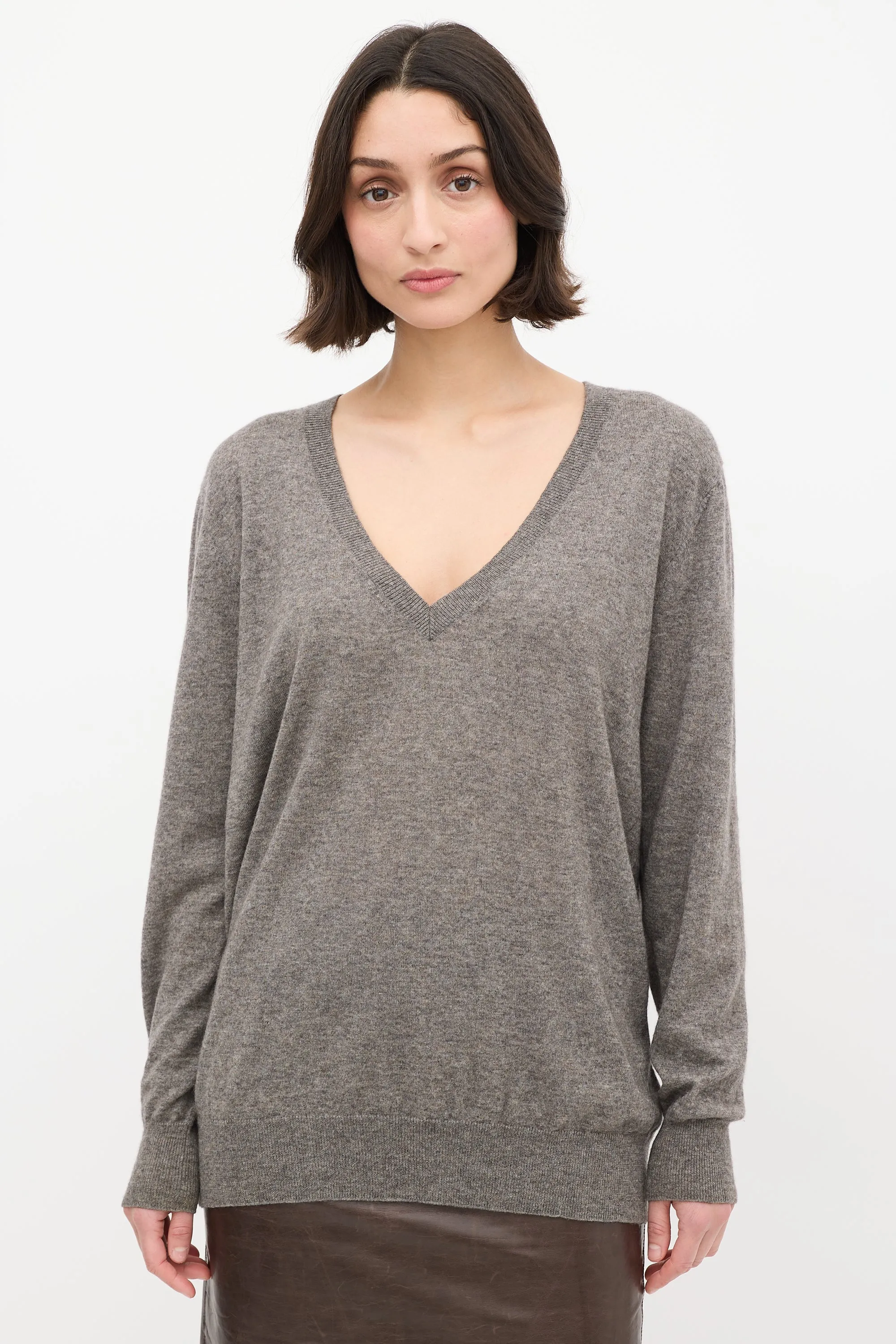 Grey Cashmere & Silk V-Neck Sweater
