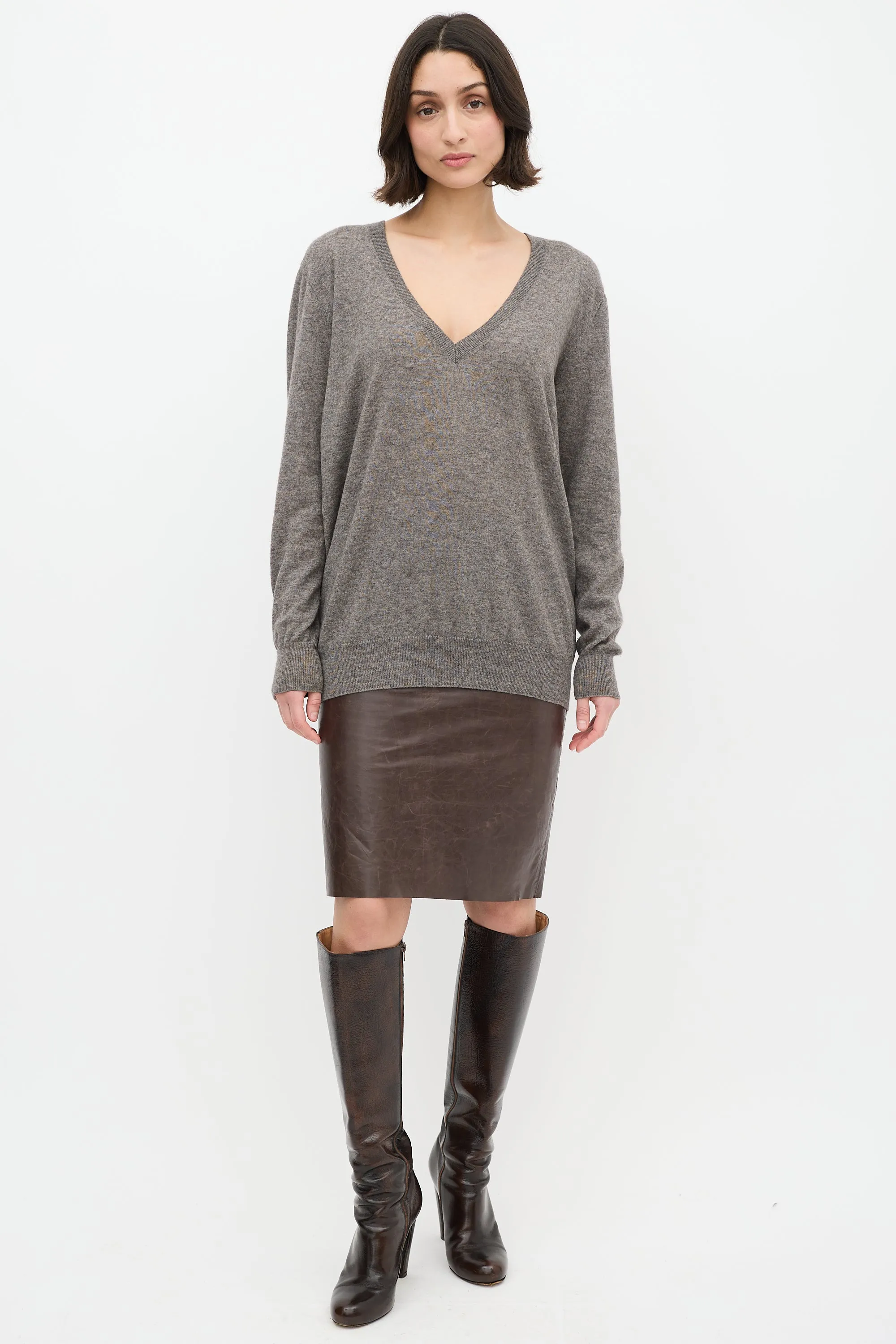 Grey Cashmere & Silk V-Neck Sweater