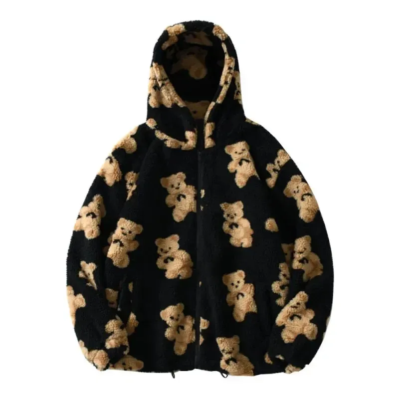 Harajuku Heart-shaped Print Plush Jacket Women Winter Coat