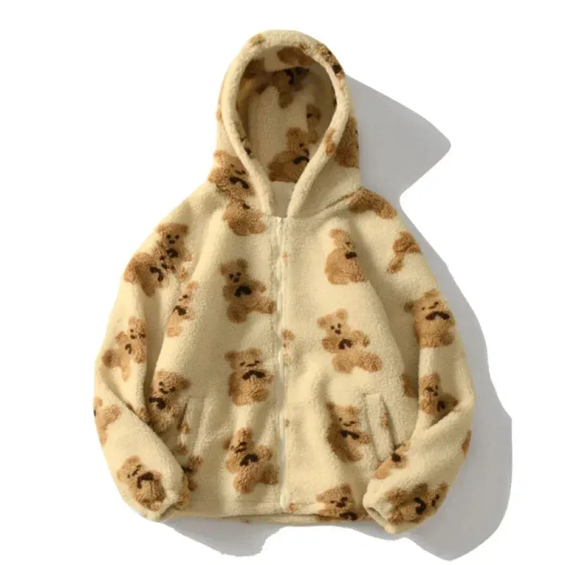 Harajuku Heart-shaped Print Plush Jacket Women Winter Coat