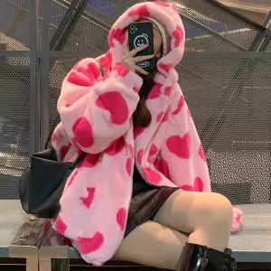 Harajuku Heart-shaped Print Plush Jacket Women Winter Coat