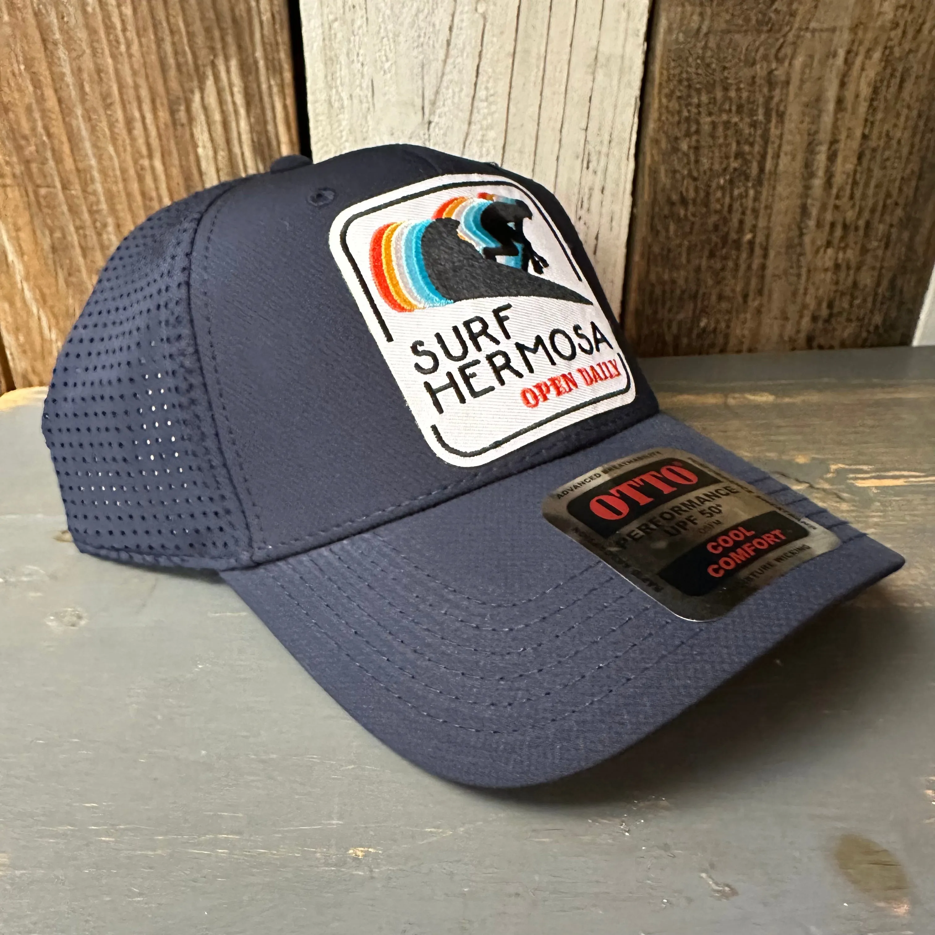 Hermosa Beach SURF HERMOSA :: OPEN DAILY - 6 Panel Low Profile Baseball Cap - Navy
