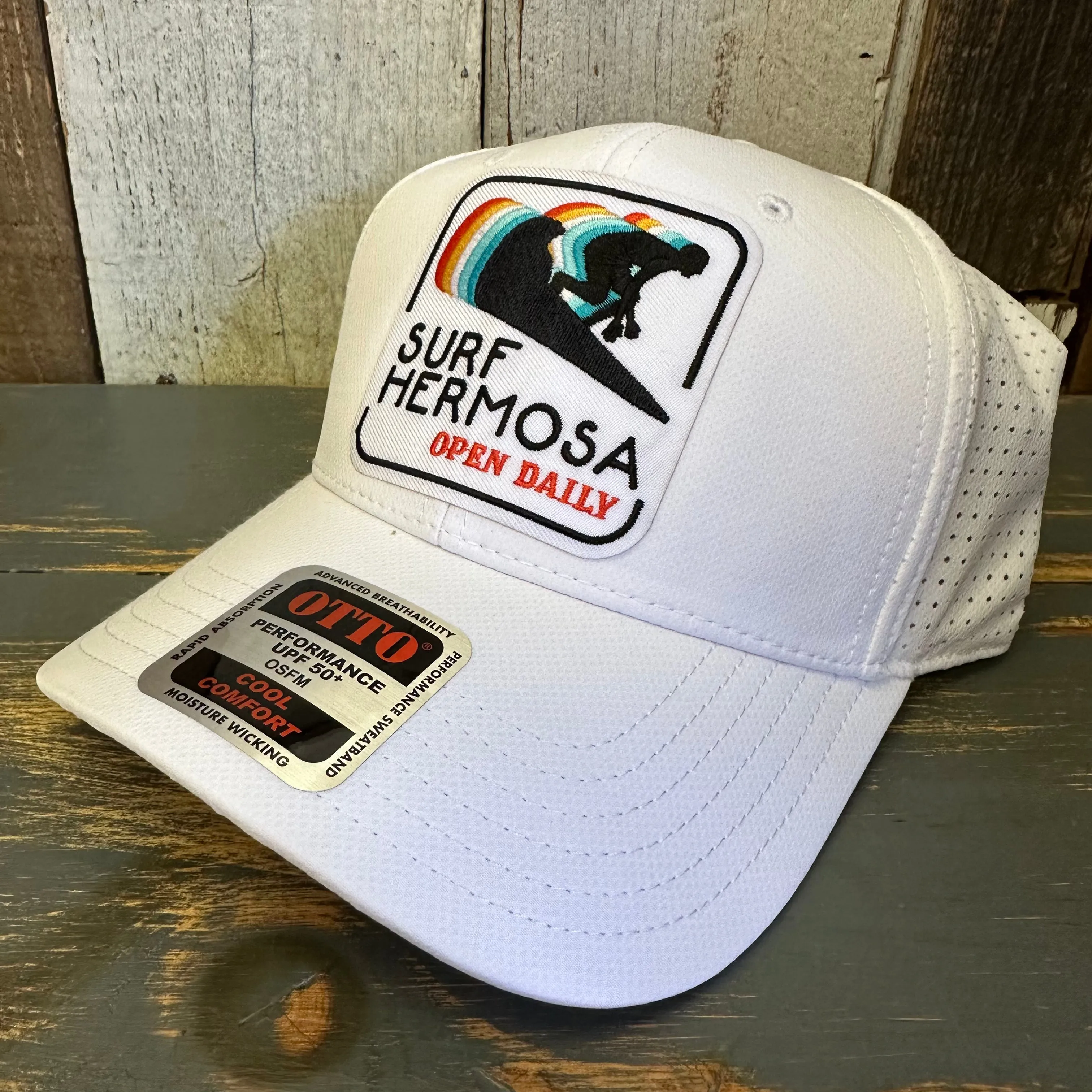 Hermosa Beach SURF HERMOSA :: OPEN DAILY - 6 Panel Low Profile Baseball Cap - White