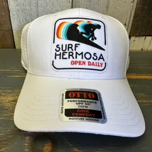 Hermosa Beach SURF HERMOSA :: OPEN DAILY - 6 Panel Low Profile Baseball Cap - White