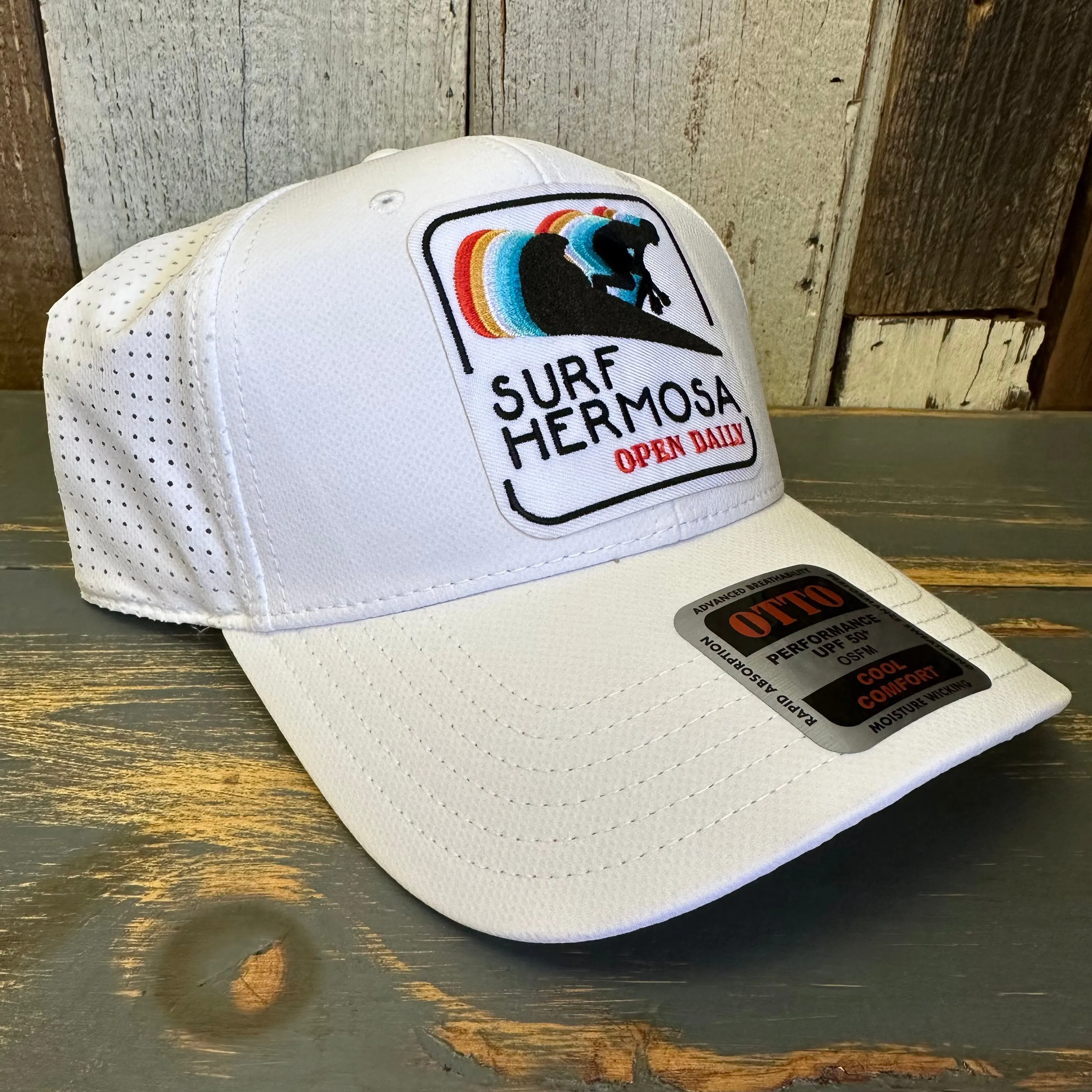Hermosa Beach SURF HERMOSA :: OPEN DAILY - 6 Panel Low Profile Baseball Cap - White