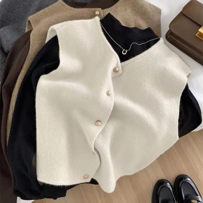 Korean Elegant Knitted Sleeveless Cardigan for Women