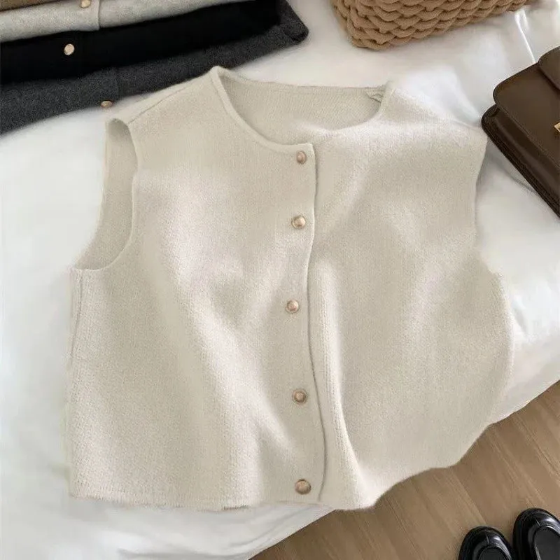 Korean Elegant Knitted Sleeveless Cardigan for Women