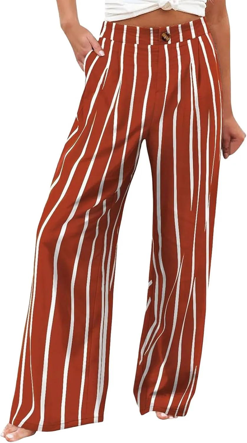 Linen Striped Pants Women Button Up Wide Leg Linen Pants Women Summer Casual Vintage Palazzo Pants with Pockets