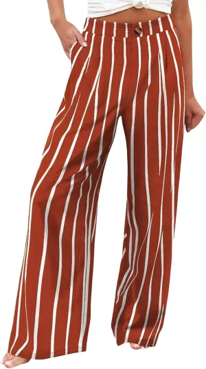Linen Striped Pants Women Button Up Wide Leg Linen Pants Women Summer Casual Vintage Palazzo Pants with Pockets