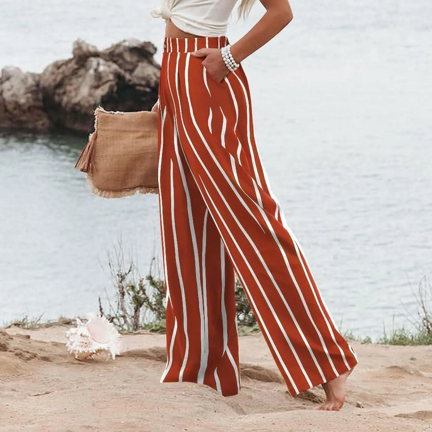 Linen Striped Pants Women Button Up Wide Leg Linen Pants Women Summer Casual Vintage Palazzo Pants with Pockets