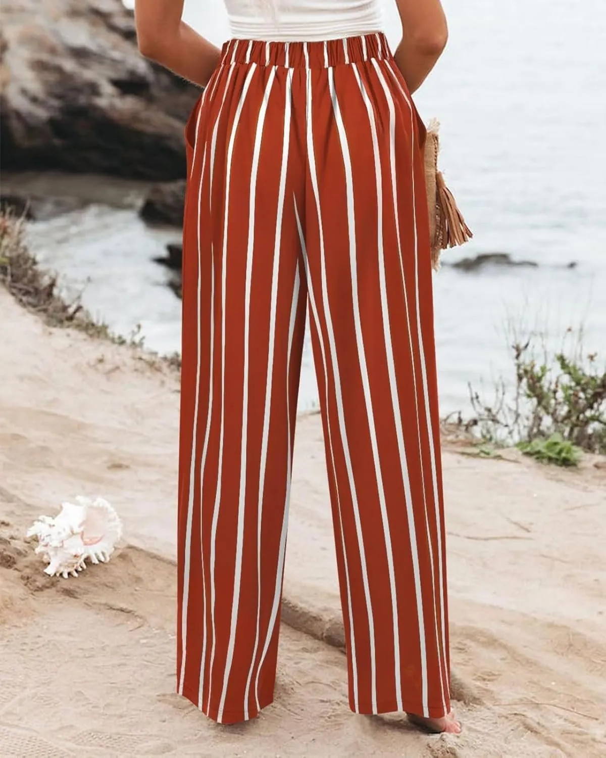 Linen Striped Pants Women Button Up Wide Leg Linen Pants Women Summer Casual Vintage Palazzo Pants with Pockets