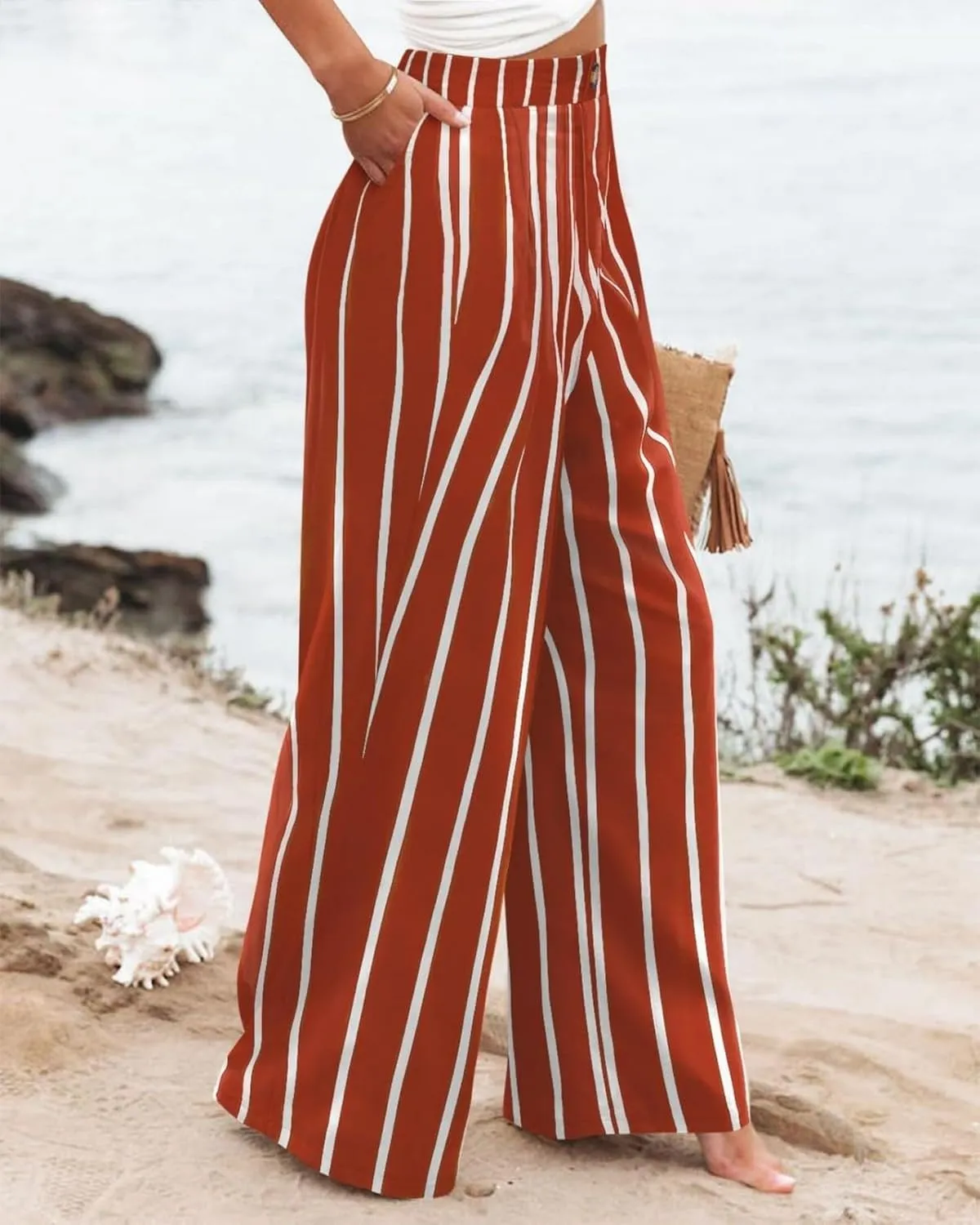 Linen Striped Pants Women Button Up Wide Leg Linen Pants Women Summer Casual Vintage Palazzo Pants with Pockets