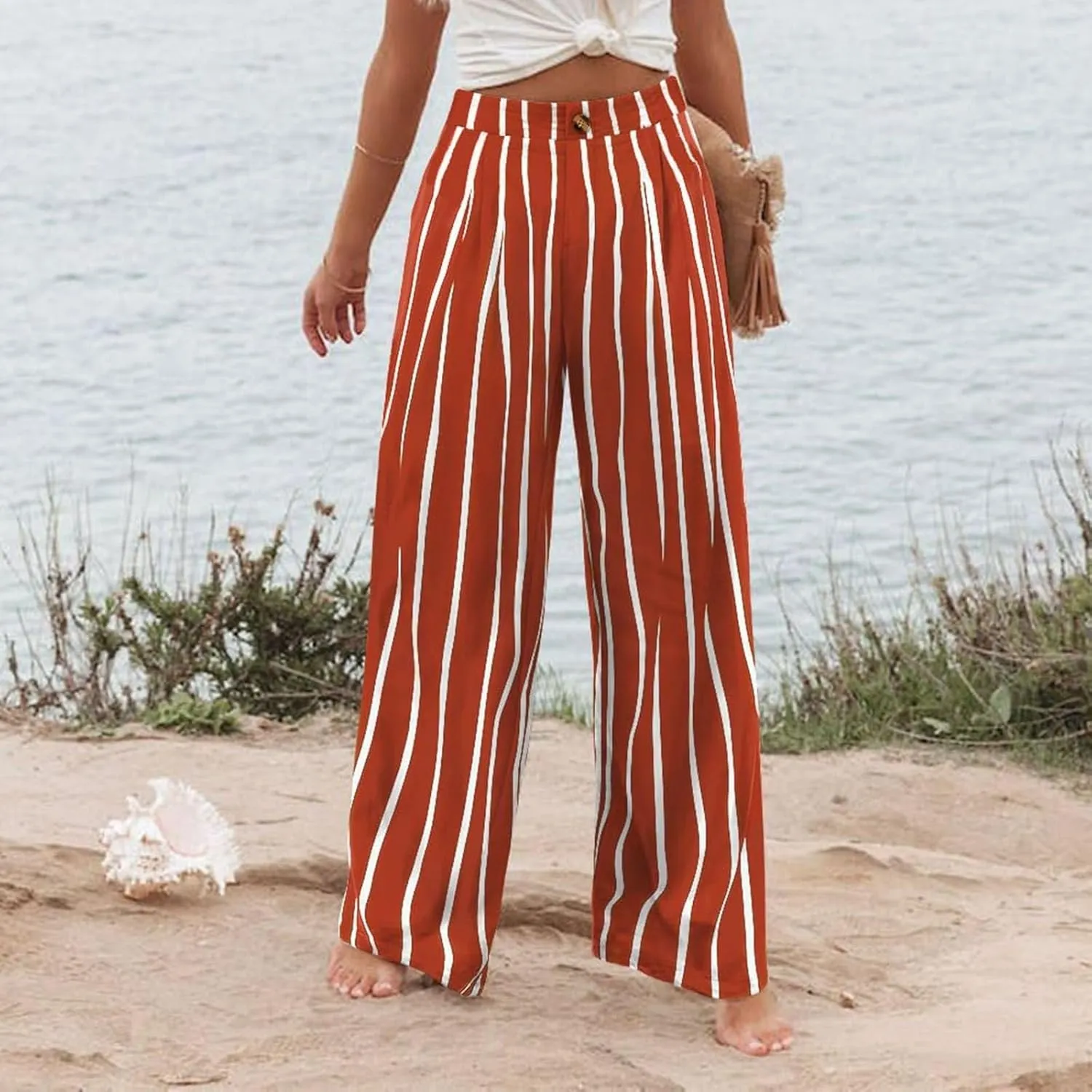 Linen Striped Pants Women Button Up Wide Leg Linen Pants Women Summer Casual Vintage Palazzo Pants with Pockets