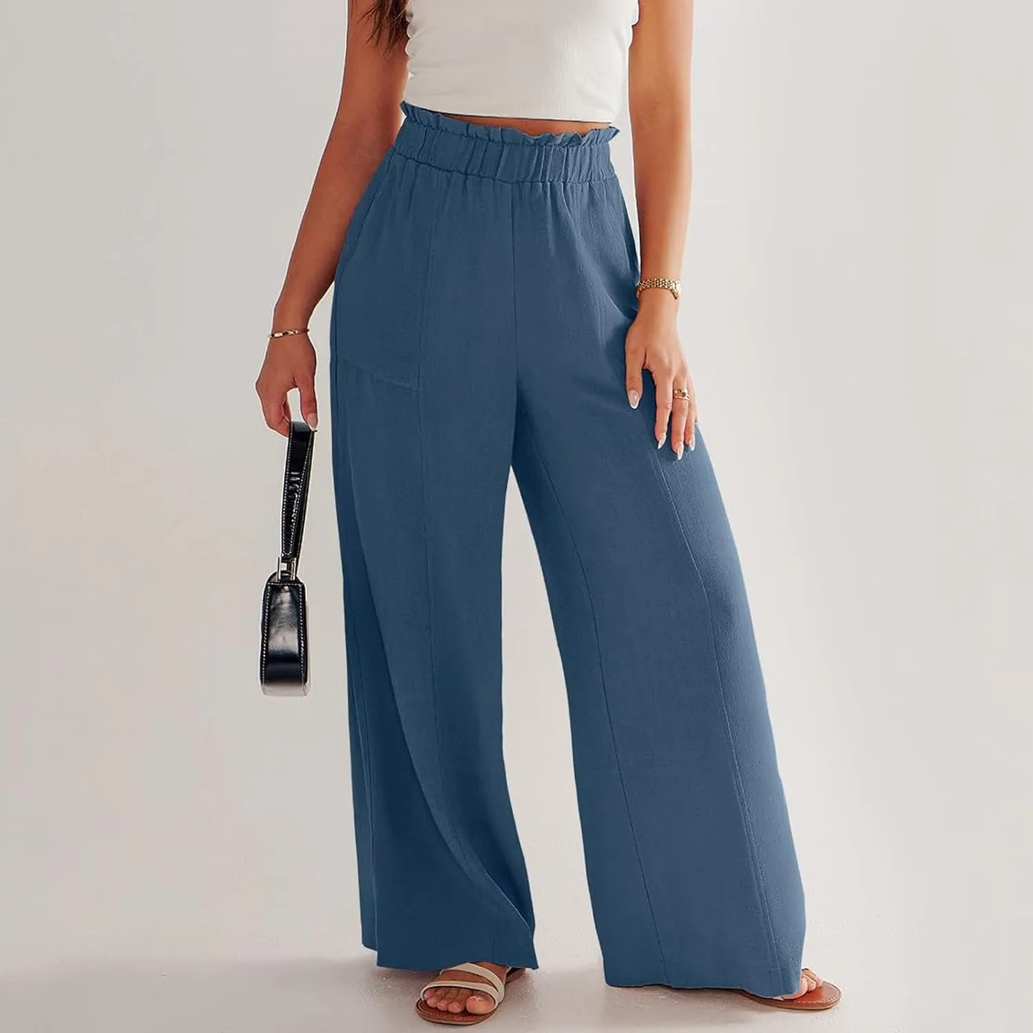 Linen Wide Leg Pants for Women Summer Casual Loose Flowy High Waited Beach Pants Trendy Summer Outfits with Pockets