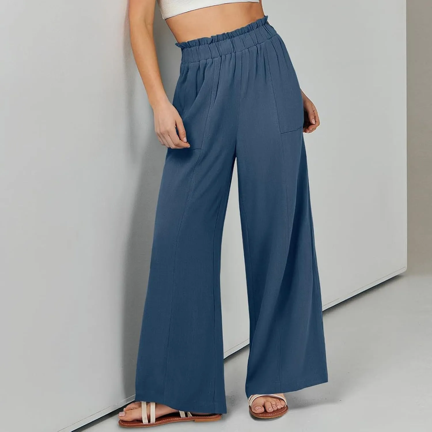 Linen Wide Leg Pants for Women Summer Casual Loose Flowy High Waited Beach Pants Trendy Summer Outfits with Pockets