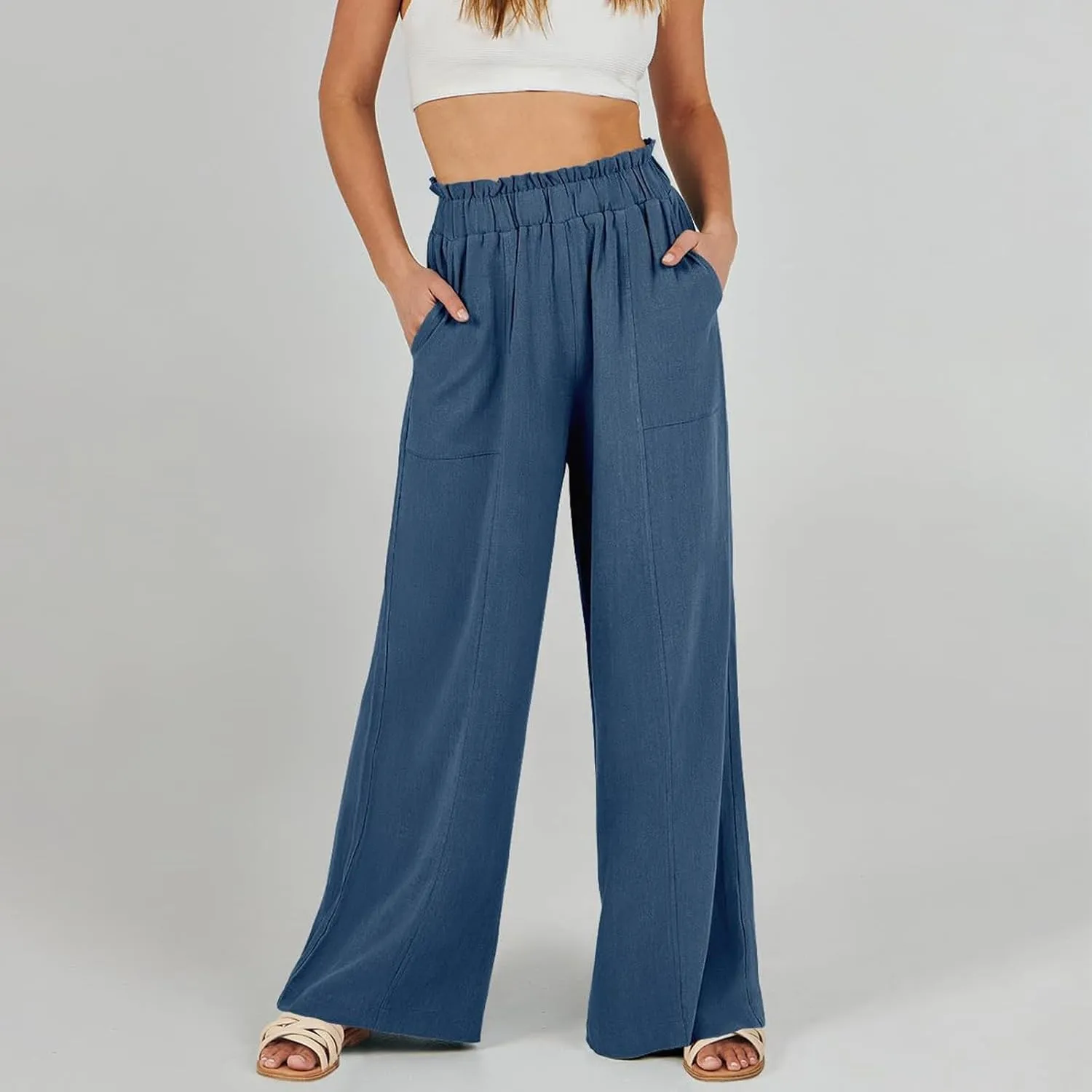 Linen Wide Leg Pants for Women Summer Casual Loose Flowy High Waited Beach Pants Trendy Summer Outfits with Pockets