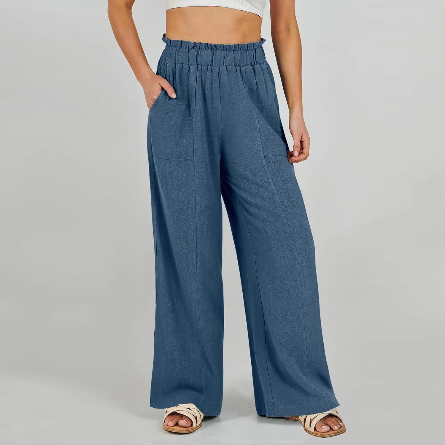 Linen Wide Leg Pants for Women Summer Casual Loose Flowy High Waited Beach Pants Trendy Summer Outfits with Pockets