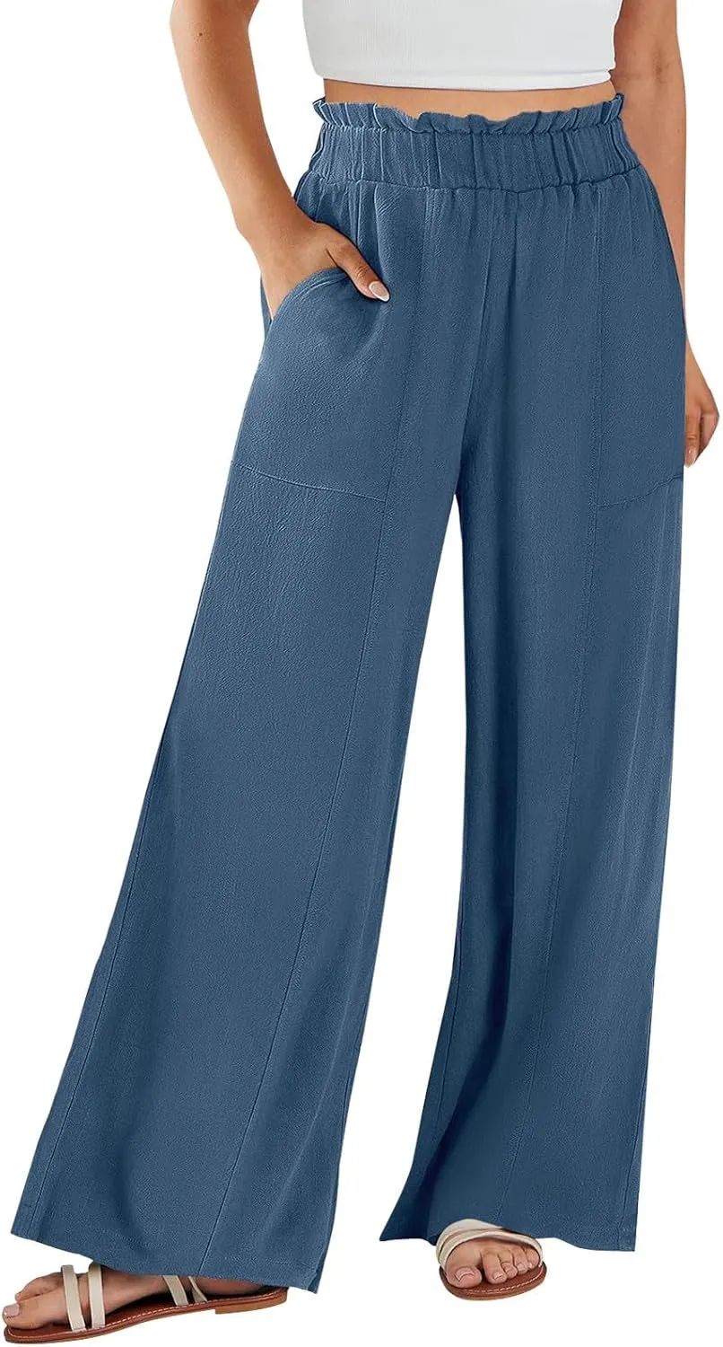 Linen Wide Leg Pants for Women Summer Casual Loose Flowy High Waited Beach Pants Trendy Summer Outfits with Pockets
