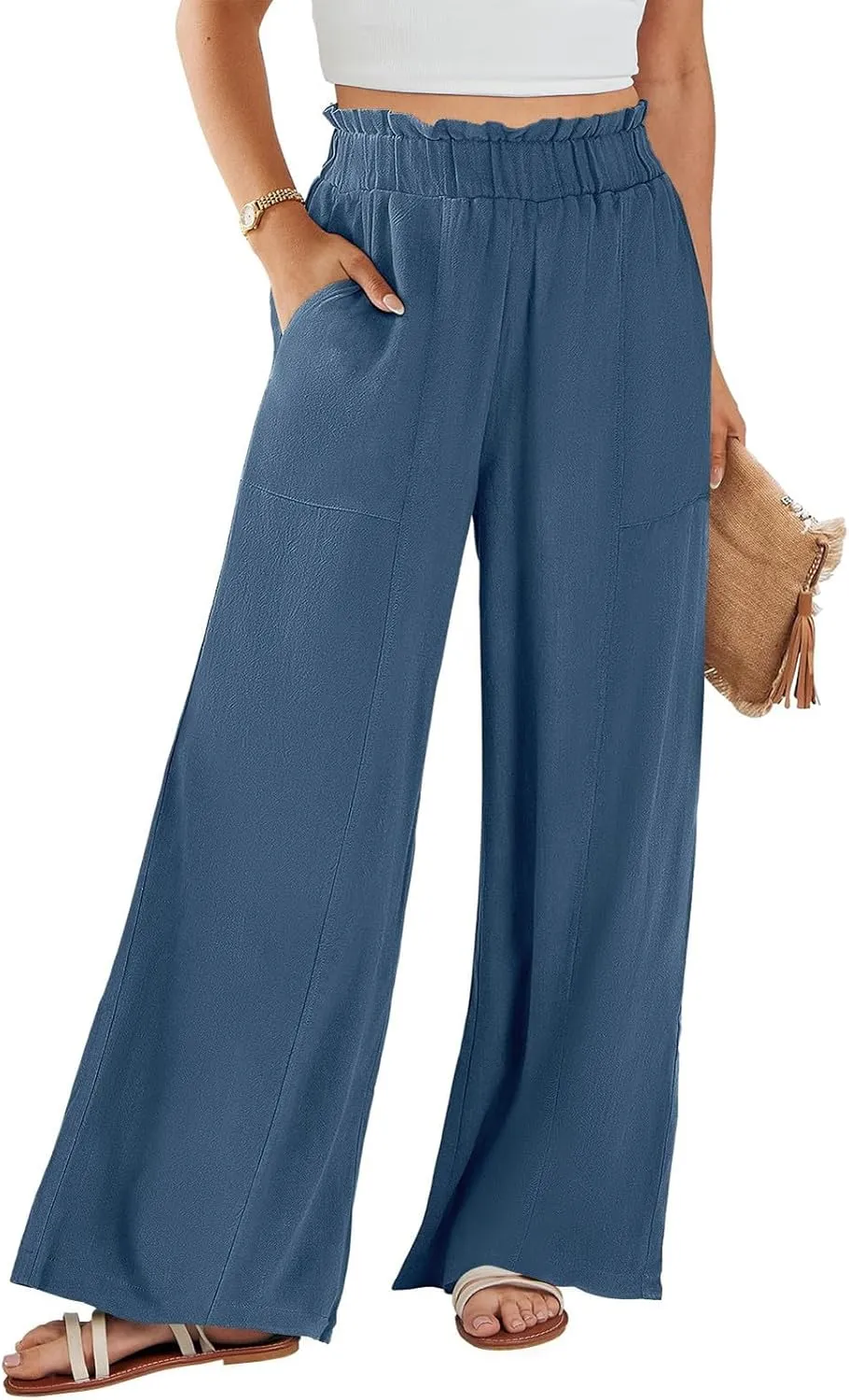 Linen Wide Leg Pants for Women Summer Casual Loose Flowy High Waited Beach Pants Trendy Summer Outfits with Pockets