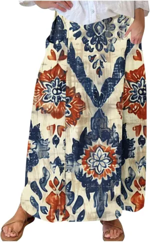 Long Skirts for Women Casual Floral High Waist Pocket Maxi Skirt Boho Flowy Pleated Half Dress Trendy Bohemian Skirts