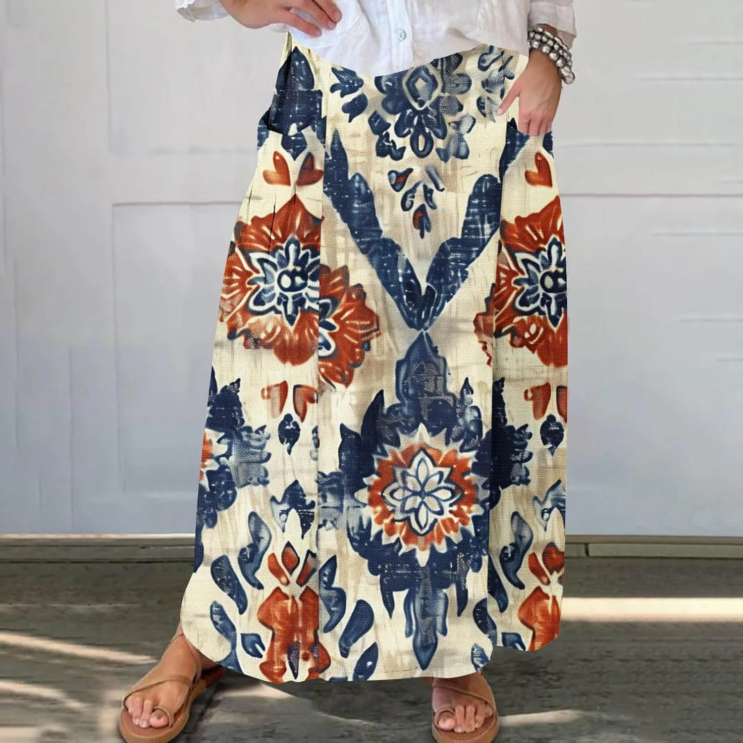 Long Skirts for Women Casual Floral High Waist Pocket Maxi Skirt Boho Flowy Pleated Half Dress Trendy Bohemian Skirts