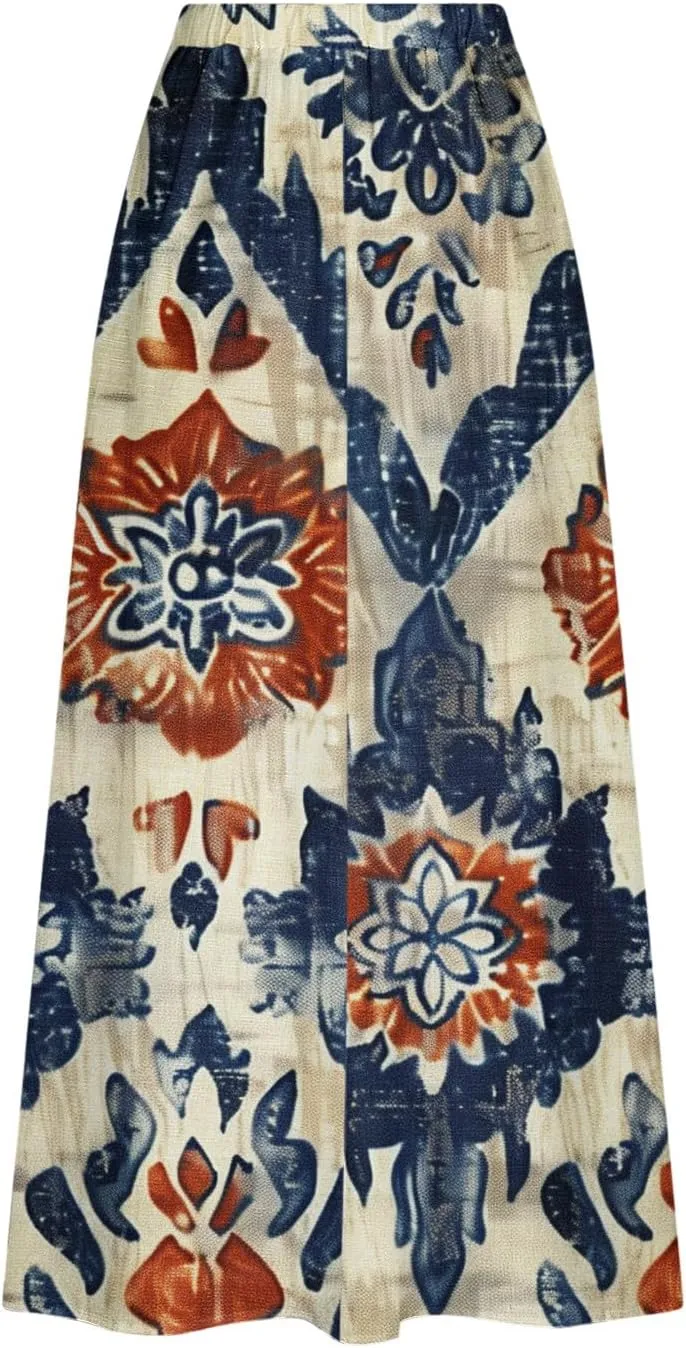 Long Skirts for Women Casual Floral High Waist Pocket Maxi Skirt Boho Flowy Pleated Half Dress Trendy Bohemian Skirts