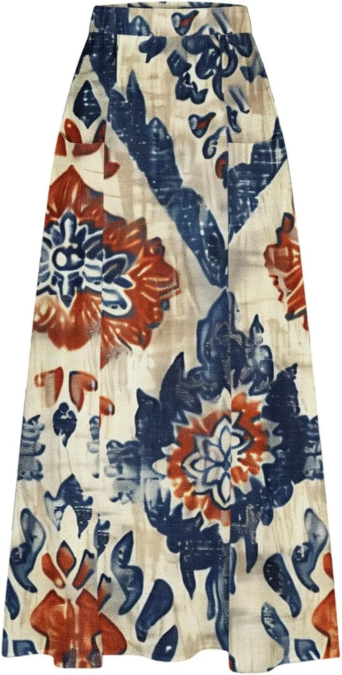 Long Skirts for Women Casual Floral High Waist Pocket Maxi Skirt Boho Flowy Pleated Half Dress Trendy Bohemian Skirts