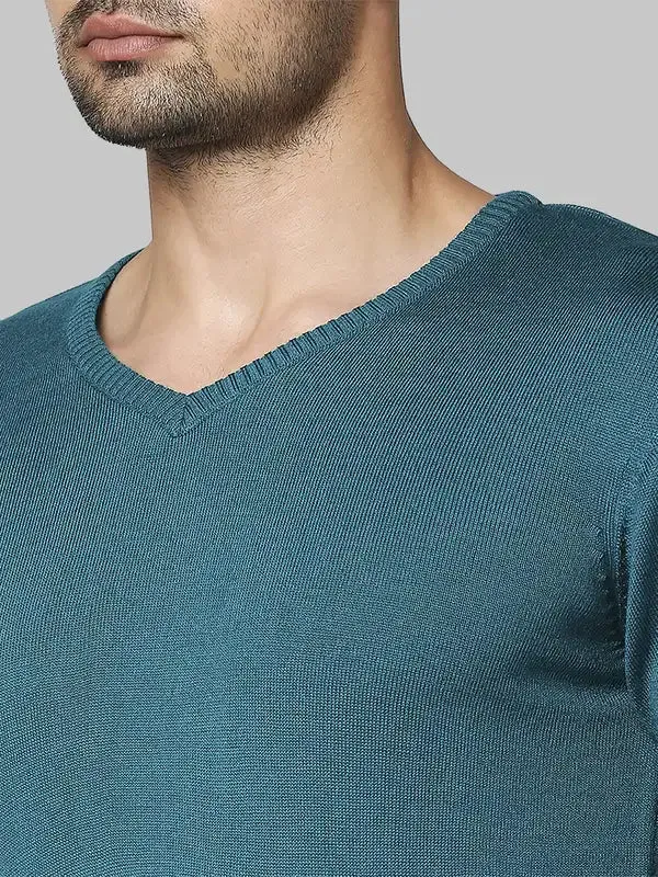 Men Green Regular Fit Solid Acrylic Full Sleeve V Neck Collar Sweaters